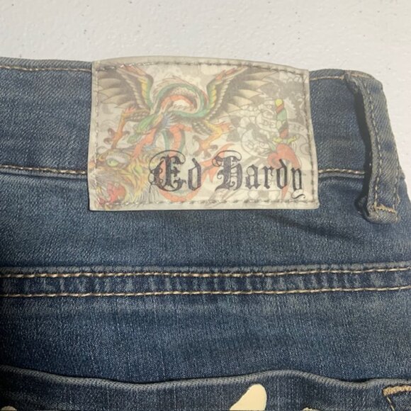 Vintage Ed Hardy Skull & Serpent Embroidered Low Rise Y2K Grail Jeans Size 26 - Picture 3 of 16